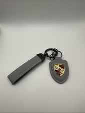 NEW -Porsche Emblem Crest Custom Leather Keychain Key Ring Holder Set Grey Gift picture