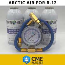 Envirosafe Arctic air for R12, Auto AC support, 3 cans & brass charging gauge picture