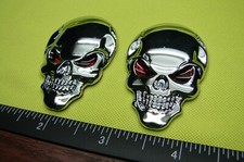 (2) SKULL 3D METAL CAR EMBLEM STICKER DECAL LOGO. SILVER CHROME FINISH picture