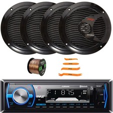 Pyle Single DIN CD/MP3 Receiver, 4x 6.5'' 150W Boat Black Stereo Speakers + Wire picture