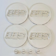 4pc 3D Silver White OEM BBS 70mm Center Caps 56.24.120 & 4pc Chrome Valve Caps picture