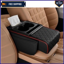 Versatile 5-in-1 Car Armrest Cover with 2 Storage Bags & Cup Holder - Black/Red picture