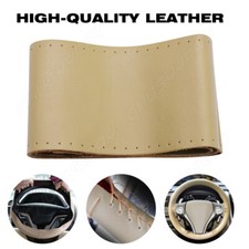 Beige Car DIY Perforated Steering Wheel Cover Pu Leather Soft Grip Lace Up 15
