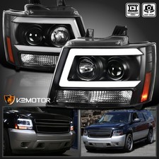 Fits 2007-2014 Chevy Suburban Avalanche Tahoe Black Projector Headlights LED Bar picture