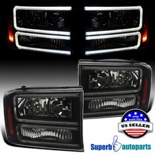Fit 99-04 Ford F250 Superduty 2000-2004 Excursion Black Smoke Headlights w/ LED picture