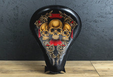 Black Leather Motorcycle Solo Seat Three Skulls Handmade Chopper Bobber Medium  picture