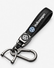 Volkswagen Genuine Leather Black Chrome Metal Ring Car Keychain picture