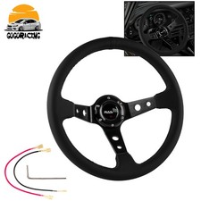 BLACK 14inch 350mm Deep Dish Genuine Leather Sport Racing Steering Wheel 6 Bolts picture