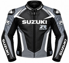 Suzuki GSX-R Motorcycle Leather Jacket Black Grey Cowhide CE Armor Racing Biker picture