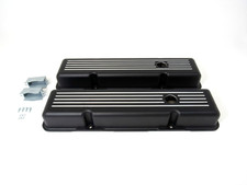1958-86 SB Chevy Aluminum Valve Covers Short Ball Milled w/ Hole SBC 350 Black picture