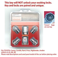 Toyota Alloy Wheel Lock Set Genuine OEM (short ones) with 2 Keys, W/Crown Logo picture