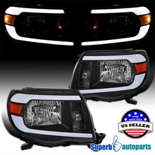 For 2005-2011 Toyota Tacoma Black Headlights w/ LED Tube Bar Turn signal lamps picture