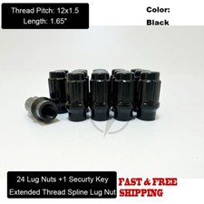 24Pc 12x1.5 Black Extended Thread Spline Lug Nuts ET Tapered Conical Seat + Key picture