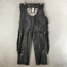 Vintage UNIK Leather Chaps XL Purple Rose Embroidery Fringe Biker Pants Y2K NEW picture