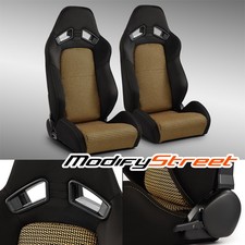 2 x Universal Black+Gold I-pattern PVC Reclinable Racing Seats Left/Right picture