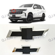 New 2021-2025 Suburban/Tahoe Front & Rear Bowtie Emblems in Chrome Black Fit OEM picture