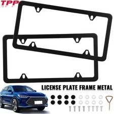 2 PCS Black Stainless Steel Metal License Plate Frame Tag Cover With Screw Caps picture