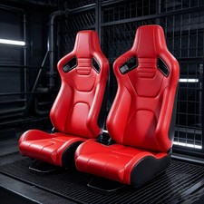 Adjustable Universal Racing Seat Bucket Style Red PVC Leather & Dual Slider x2 picture