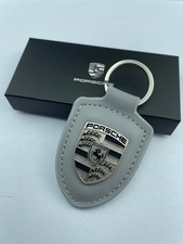 Porsche Exclusive Coat Of Arms Turbonite Gray Leather Keychain - Crest Key ring picture