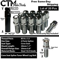 20x Chrome 14x1.5 Spline Tuner Lug Bolts 28mm Shank Volkswagen Aftermarket Wheel picture