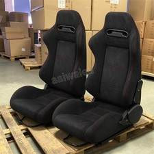 New Pair Universal Bucket Racing Seats Red Stitch Black Suede Fabric Reclinable picture