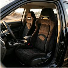 New Pair Universal Bucket Racing Seats Red Stitch Black Suede Fabric Reclinable picture