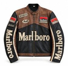 Racing Motorcycle Leather Jacket Brown Black Vintage Style picture