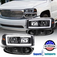 Fits 2000-2006 GMC Yukon Denali Black Projector Headlights LED Strip+Bumper Lamp picture