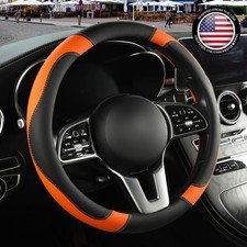 Elegant Anti-Slip Steering Wheel Cover, Black & Orange, Fits 13.5-14in Diameter picture
