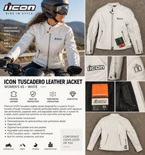 ICON Tuscadero Women’s XS White Leather Motorcycle Jacket Armor NWT 2813-0037 picture