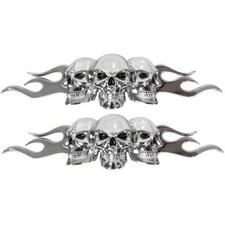 2 Chrome 3D Skull And Flames Black Eyes Emblem 3M Self Adhesive 3 D Decal Logo picture