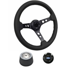 VSW 14” Black Leather 6-Bolt Steering Wheel F-100 67 Matte Black 3-Spoke W/ H... picture