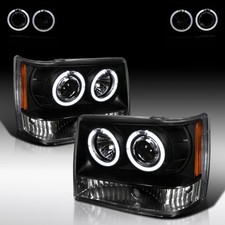Fit 1993-1996 Jeep Grand Cherokee Black LED Halo Rim Projector Headlights Lamps picture