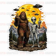 Bigfoot and Alien UFO Vinyl Decal Sticker Middle Finger X picture