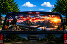 American Flag Perched Eagle Truck Rear Window Decal, Perforated Graphic picture
