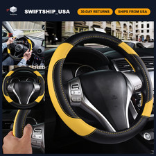 Universal Fit Leather Steering Wheel Cover - Black & Yellow, Non-Slip Grip, Dura picture