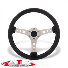 6-Bolt Black Wood Silver Aluminum Deep Steering Wheel + Horn Universal 350mm 14