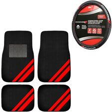NEW 5PC DODGE Red Stripe Car Truck Black Floor Mats Steering Wheel Cover SET picture