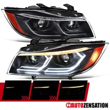 Black Fit 2006-2011 BMW E90 E91 325i 3D LED Halo Projector Headlights Sequential picture