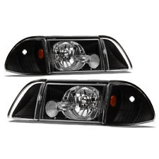 Black 1987-1993 Ford Mustang Headlights w/Corner Signal Lights Parking Lamps Set picture