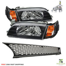 For Toyota Corolla 93-97 Headlights Black + H4 Led Bulbs + Front Grille Mesh JDM picture