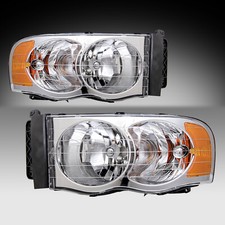 Pair Headlights For 2002-2005 Dodge Ram 1500 2500 3500 Chrome Amber Headlamps picture
