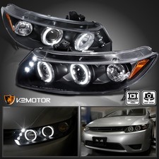 Black Fits 2006-2011 Honda Civic 2Dr Coupe LED Halo Projector Headlights Lamps picture