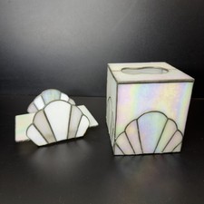 Vintage Handmade Leaded Stained Glass Pearlescent Shell Tissue Box& Tray Set picture