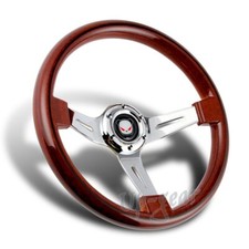 Universal 350MM 6-Hole Class Dark Wood Grip Chrome 3-Spoke Steering Wheel picture