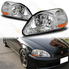 CHROME HOUSING HEAD LIGHTS W/AMBER REFLECTOR LAMPS FIT 96-98 HONDA CIVIC PAIR picture