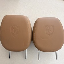 OEM Genuine Porsche Cognac Brown Leather Headrests Pair Embossed Crest Factory picture