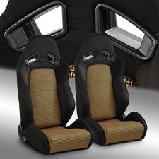 2 x Universal Black+Gold I-pattern PVC Reclinable Racing Seats Left/Right picture