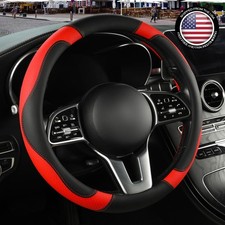 Elegant Anti-Slip Steering Wheel Cover, Black & Red, Fits 13.5-14in Diameter picture