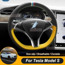 Durable Yellow Black Leather Suede Car Steering Wheel Cover For Tesla Model S picture